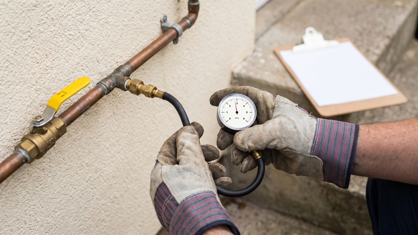 Gas installer testing a copper gas line with a low-pressure gauge reading 2.8 kPa