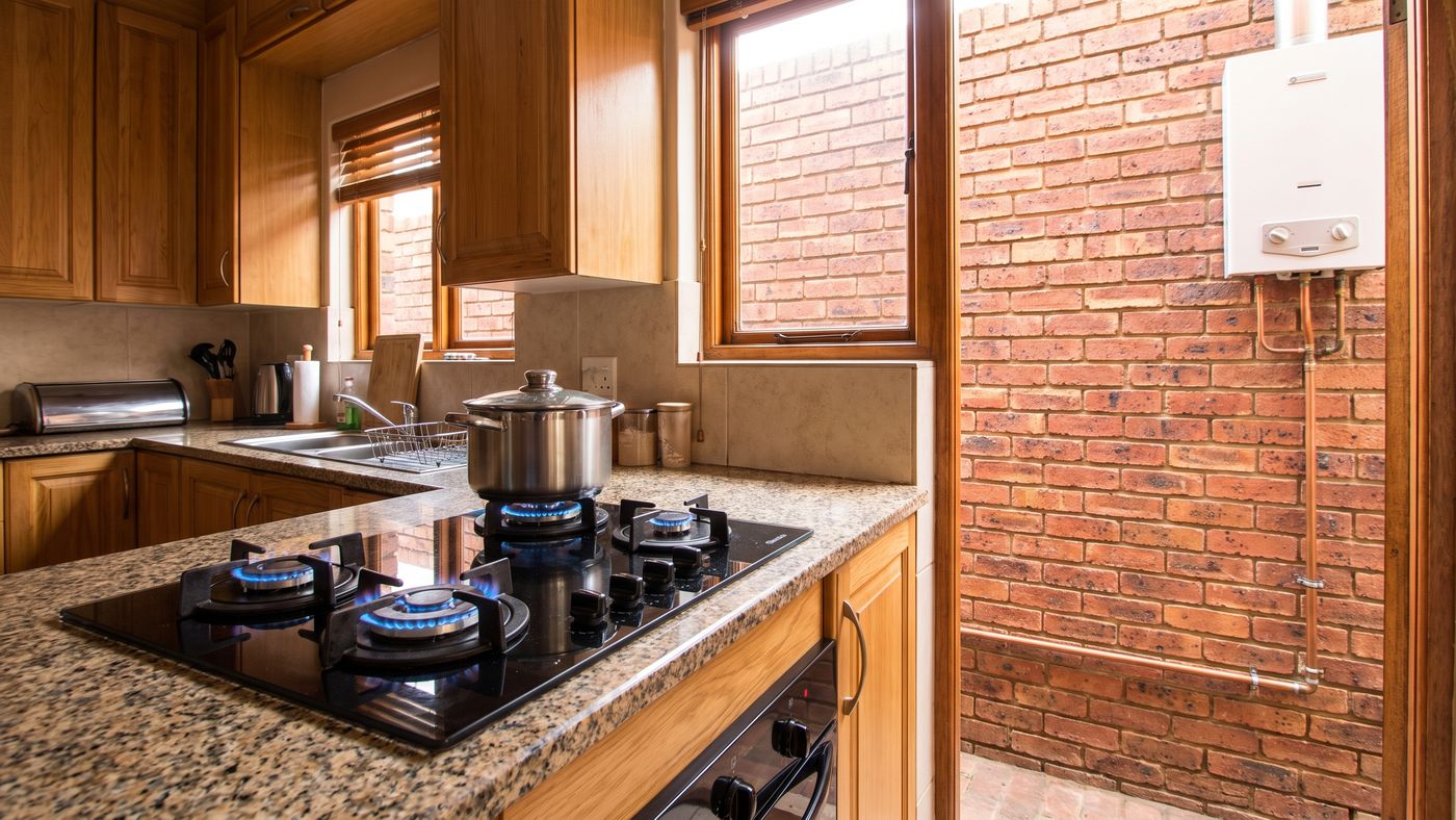 Kitchen with a lit gas hob and a gas water heater on the wall outside the back door