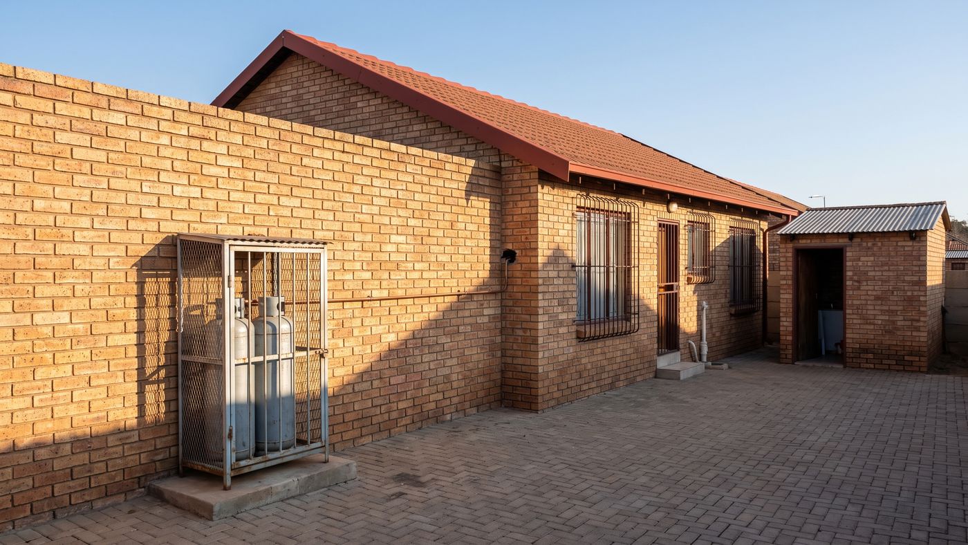Caged gas cylinders against the side wall of a face-brick home, with a backyard room behind