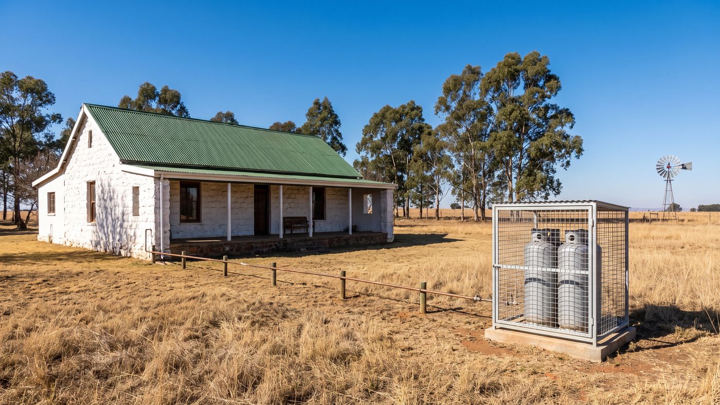 Caged 48 kg gas cylinders on a Highveld smallholding, with a gas line on posts to the farmhouse