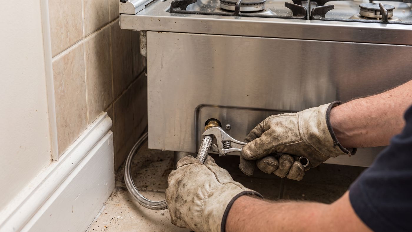 Gloved hands connecting a braided flexible gas hose to the back of a freestanding gas cooker